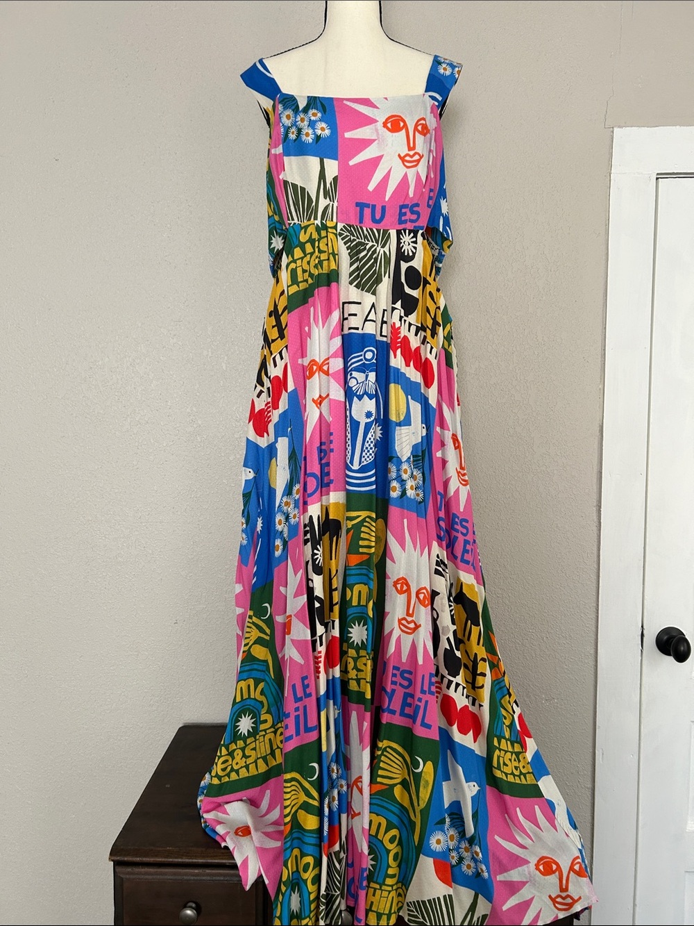 Anthropologie Bold Multicolor Graphic Maxi Dress with Pink and Blue Accents